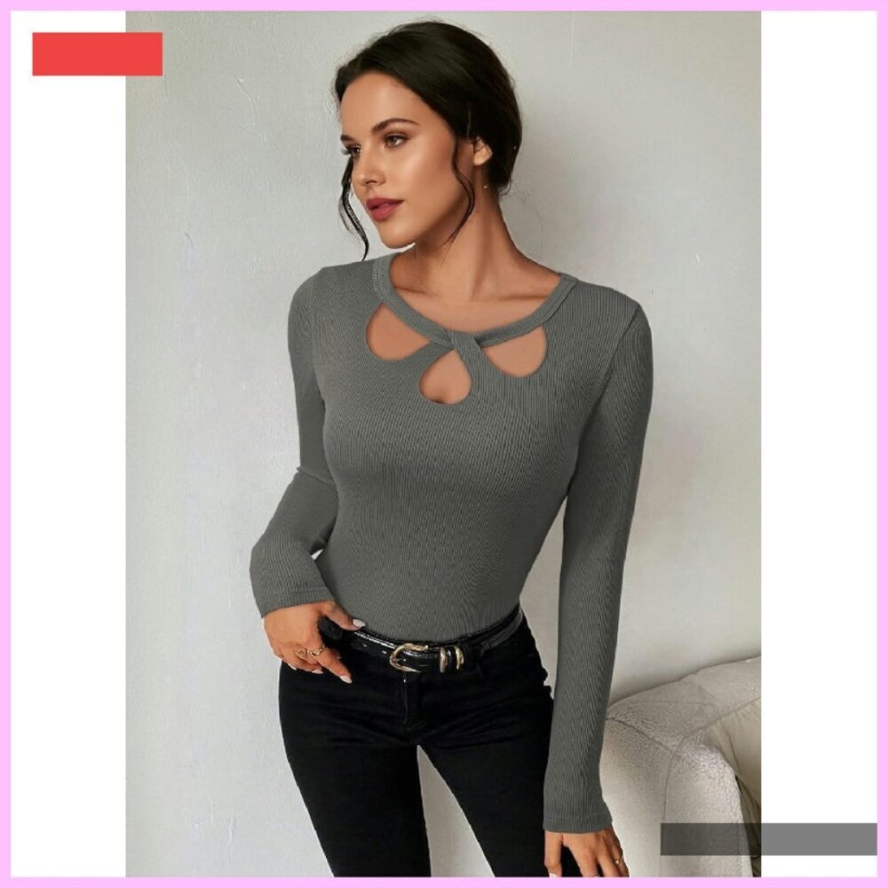 Long Sleeve Ribbed Knit Top with Keyhole Neckline - Stretch Fit - Picture 4 of 4